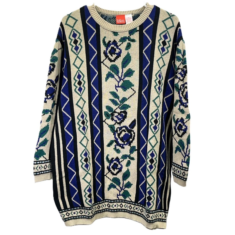 Vintage Liz & Co Cotton Womens Multicolor Floral Roses Knit Crewneck Sweater Med